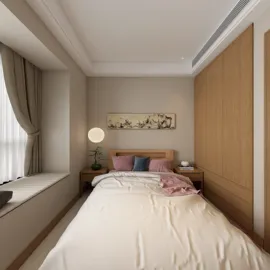 cozy bedroom interior design featuring a modern bed layout with soft bedding, warm wood accents, and a calming color palette, showcasing Homestyler's real-time 3D rendering for efficient design visualization