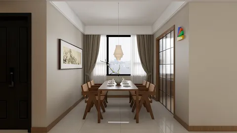 Modern dining area showcasing a wooden dining table set for a meal, designed in a contemporary style to enhance space functionality, featuring Homestyler's real-time 3D rendering capabilities.