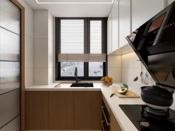 modern kitchen featuring smart furniture arrangement with efficient space optimization for small areas using Homestyler's real-time 3D rendering functionality.