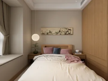 cozy bedroom design featuring a wooden bed and soft textiles in a minimalist style, showcasing an interior design concept for small spaces with Homestyler's real-time 3D rendering feature.