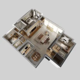3D floor plan layout showcasing an open-concept living space optimizing small apartment design with Homestyler's automated floor plan generation feature.
