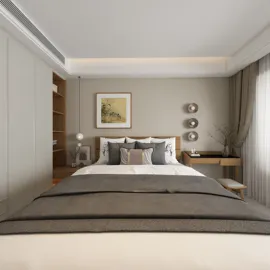 Modern bedroom design featuring a spacious layout with a cozy bed arrangement in neutral tones, optimized for creating a serene atmosphere using Homestyler's 3D rendering feature.