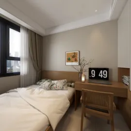 cozy bedroom design featuring a modern bed arrangement and minimalist decor, showcasing a serene atmosphere for relaxation, utilizing Homestyler's real-time 3D rendering feature to visualize space efficiently.