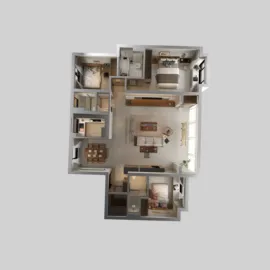 top-down view of a spacious home layout showcasing smart furniture arrangement in a modern minimalist style, highlighting interior design planning using Homestyler's real-time 3D rendering feature.