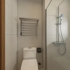 modern bathroom design featuring a shower and toilet with a minimalist style, showcasing efficient space utilization with Homestyler's real-time 3D rendering technology