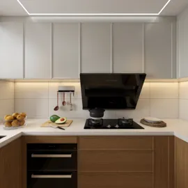 modern kitchen design with functional layout featuring wooden cabinets and sleek appliances, showcasing Homestyler's real-time 3D rendering for interior decor.