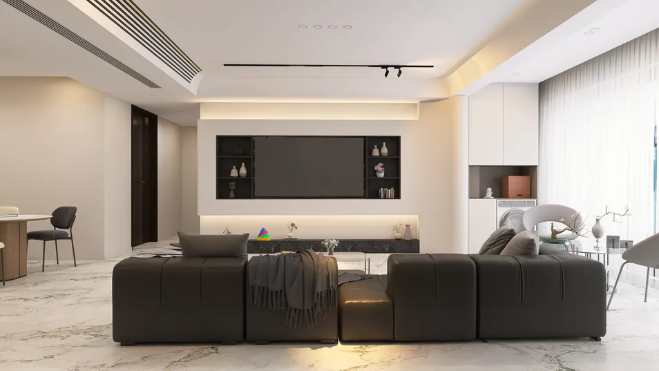 modern living room sofa arrangement featuring a sleek design with neutral tones and marble flooring, creating a cozy space for relaxation, showcasing Homestyler's real-time 3D rendering feature.