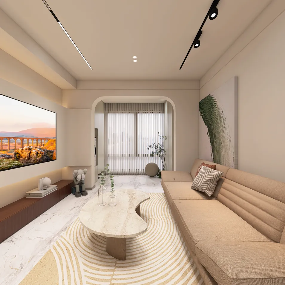 modern living room design featuring a minimalist sofa and an artistic coffee table, showcasing a serene atmosphere with a focus on functionality; includes real-time 3D rendering from Homestyler for accurate design visualization.