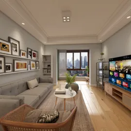 modern living room with comfortable sofa and decorative wall art in a cozy atmosphere featuring smart furniture arrangement using Homestyler's real-time 3D rendering