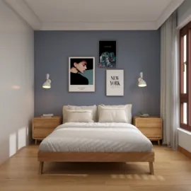 Cozy bedroom interior featuring a wooden bed and bedside tables, decorated with wall art and modern lighting style, showcasing interior design with Homestyler's real-time 3D rendering feature.