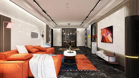 modern living room with stylish orange sectional sofa and minimalist decor, featuring a 3D design using Homestyler's real-time rendering for quick visual previews