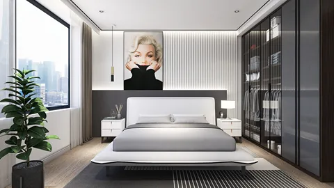modern bedroom design featuring a minimalist bed layout, incorporating smart furniture arrangement for space optimization, showcasing a stylish aesthetic with a focus on interior decor.