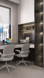 modern home office design featuring a sleek desk setup and ergonomic chairs, optimized for productivity in a small space using Homestyler's smart furniture arrangement feature.