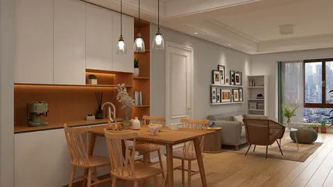 modern dining area featuring a wooden table and chairs, enhancing space with warm lighting and a cozy atmosphere, showcasing interior decor ideas with Homestyler's real-time 3D rendering feature.