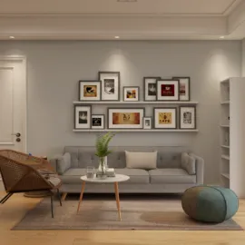 cozy living room interior featuring a gray sofa with decorative pillows, styled with modern artwork on the wall, created using Homestyler's real-time 3D rendering for an inviting space design.