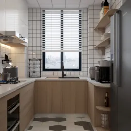 Modern kitchen design featuring sleek cabinetry and organized shelving, enhancing functionality in a small space using Homestyler's real-time 3D rendering feature.