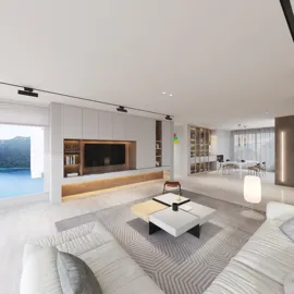modern living room with open layout showcasing furniture arrangement in a minimalist style, optimized using Homestyler's real-time 3D rendering feature for quick design preview.