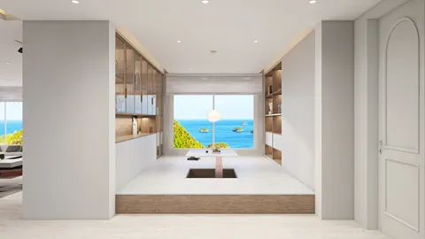 Modern living room with panoramic ocean view, featuring minimalist design and smart furniture arrangement, ideal for creating a serene and open space using Homestyler's 3D rendering capabilities.
