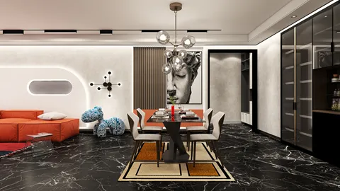 modern dining area with stylish furniture and lighting featuring a black marble floor and an artistic wall design, showcasing Homestyler's real-time 3D rendering for interior decor.