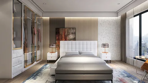 modern bedroom design featuring sleek white furniture and organized wardrobe layout, showcasing an elegant minimalist style and enhancing space value with Homestyler's real-time 3D rendering feature.