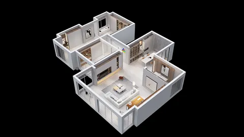 3D interior design layout showcasing a modern living space with furniture arrangement in a minimalist style, maximizing space efficiency with Homestyler's real-time 3D rendering feature.