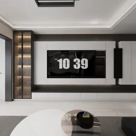 Modern living room featuring a sleek entertainment unit with a large TV, designed using Homestyler's real-time 3D rendering for realistic renovation previews.