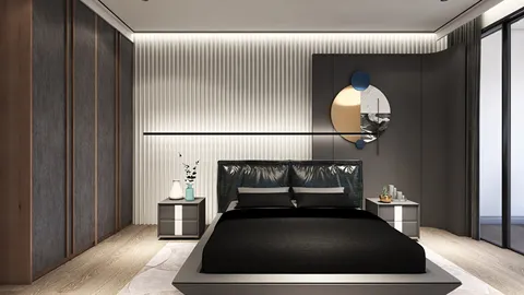 modern bedroom design featuring a sleek black bed, minimalist decor, and soft lighting accents, showcasing interior decor inspiration with Homestyler's real-time 3D rendering capabilities.
