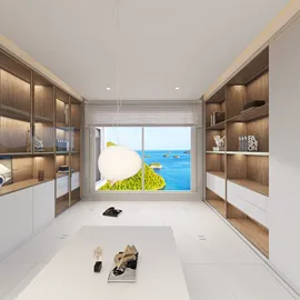 modern living room with ocean view featuring smart furniture arrangement for space optimization in a minimalist style, showcasing Homestyler's real-time 3D rendering feature