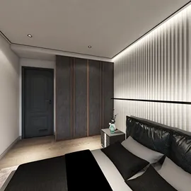 modern bedroom design featuring a sleek black bed with decorative pillows and elegant ambient lighting, showcasing interior decor elements; utilizing Homestyler's real-time 3D rendering functionality for an immersive visual preview.