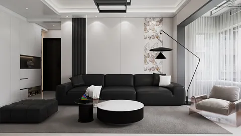 Modern living room featuring a black leather sectional sofa and a round coffee table with a minimalist design, focusing on contemporary interior decor for a stylish space enhancement, utilizing Homestyler's real-time 3D rendering feature.