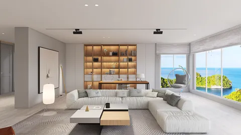 spacious living room featuring a cozy sectional sofa with a modern coffee table, designed for a contemporary coastal style, showcasing a beautiful ocean view while utilizing Homestyler's real-time 3D rendering functionality.