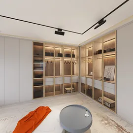 modern closet design showcasing efficient storage solutions in a contemporary bedroom, featuring smart furniture arrangement capabilities of Homestyler for optimizing small spaces.