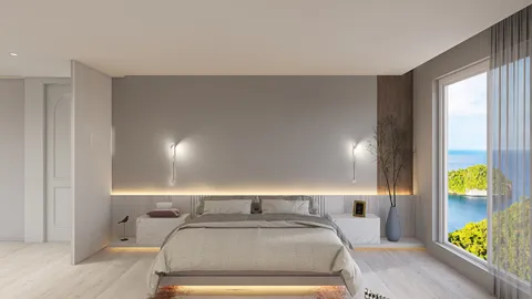 modern bedroom design featuring a stylish bed with ambient lighting and elegant decor, showcasing interior design aesthetics and highlighting Homestyler's real-time 3D rendering capability.