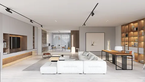 modern living room featuring smart furniture arrangement in minimalist style, optimized for space efficiency using Homestyler's intelligent furniture layout functionality.