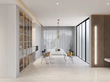 modern dining room featuring a spacious table and elegant decor, showcasing an open-concept design with large windows, utilizing Homestyler's real-time 3D rendering for design visualization.