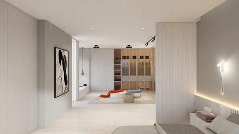 Modern bedroom interior design featuring a spacious layout with a minimalist aesthetic, showcasing a blend of functionality and style. Designed using Homestyler's real-time 3D rendering for an immersive preview experience.