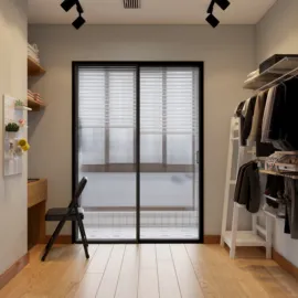 modern interior design featuring a cozy workspace and clothing storage in a stylish room with large windows, showcasing Homestyler's real-time 3D rendering for effective design proposal presentations.