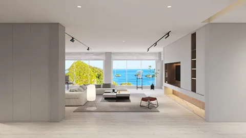 spacious living room featuring modern furniture arrangement in a minimalist style with a stunning sea view, showcasing Homestyler's real-time 3D rendering capabilities.