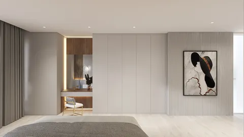modern bedroom design with neutral tones and minimalist decor featuring a cozy bed, stylish artwork, and a functional workspace, showcasing Homestyler's real-time 3D rendering for effective interior design visualization.