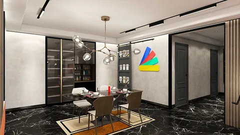 modern dining area featuring a contemporary dining table and chairs, showcasing an elegant black marble floor design, optimized for space utilization using Homestyler's smart furniture arrangement feature.