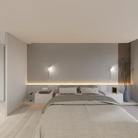 bedroom design featuring a modern minimalist aesthetic with a soft color palette and ambient lighting, showcasing interior decor ideas and utilizing Homestyler's real-time 3D rendering feature