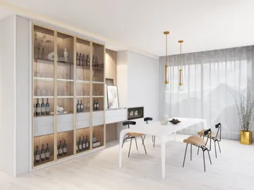 Modern dining area showcasing a stylish glass-fronted cabinet filled with wine bottles, enhancing the elegant ambiance, featuring contemporary minimalist design; utilizes Homestyler's real-time 3D rendering for effective interior design visualization.