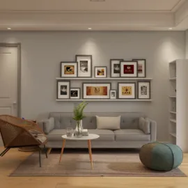 living room with modern furniture featuring a stylish sofa and decorative artwork display, showcasing contemporary design aesthetics; leveraging Homestyler's real-time 3D rendering for interior visualization.