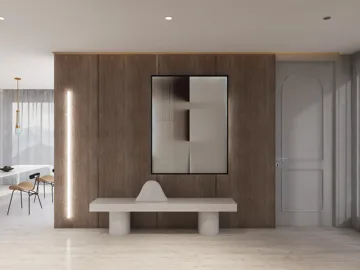 modern concrete bench featuring a minimalist design style in an entryway space, showcasing Homestyler's real-time 3D rendering functionality.