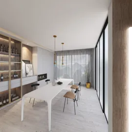 Dining area featuring a sleek table arrangement in a modern style, showcasing an open and bright atmosphere with large windows. Designed using Homestyler's real-time 3D rendering feature for an accurate remodeling preview.