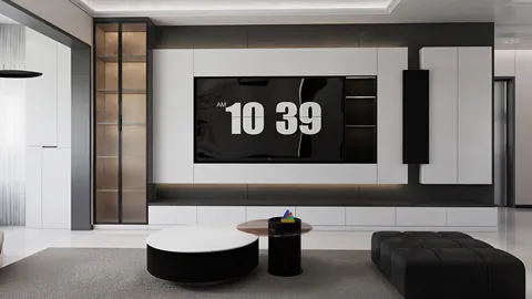 modern living room design featuring a large wall-mounted TV displaying a clock, showcasing a sleek and minimalist aesthetic, perfect for contemporary interior decor; includes Homestyler's real-time 3D rendering feature for fast design previews.