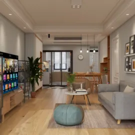 cozy living room with modern furniture arrangement in a minimalist style showcasing interior decor; featuring Homestyler's real-time 3D rendering for design proposal visualization.