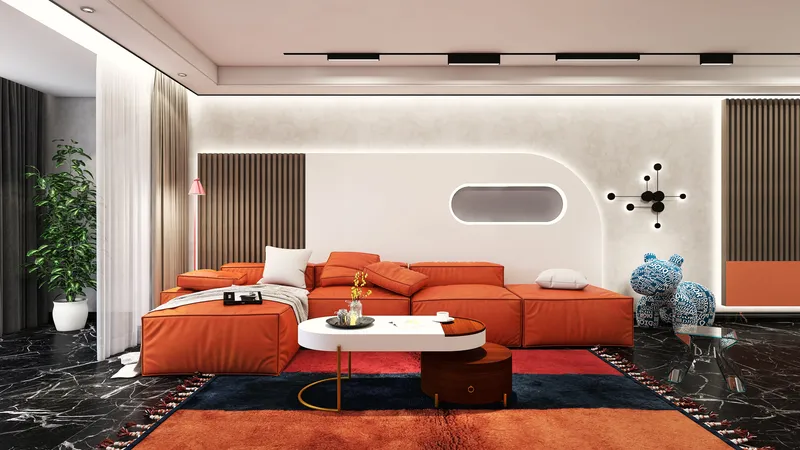 modern living room featuring an orange sectional sofa and sleek decor elements, designed using Homestyler's real-time 3D rendering capability for an immersive interior design experience.