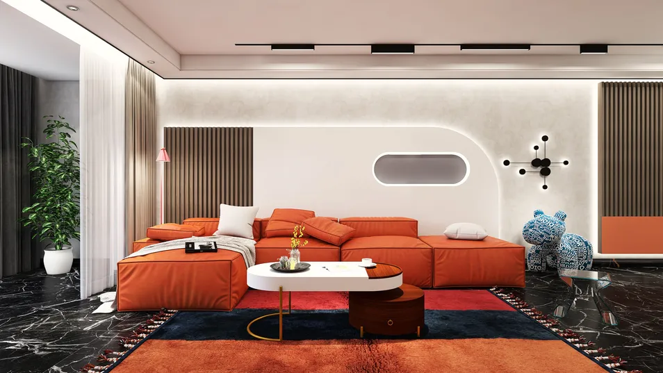 modern living room featuring an orange sectional sofa and sleek decor elements, designed using Homestyler's real-time 3D rendering capability for an immersive interior design experience.