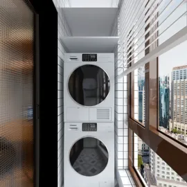 modern laundry appliances organized in a compact balcony space optimizing for small apartment design with Homestyler's real-time 3D rendering feature